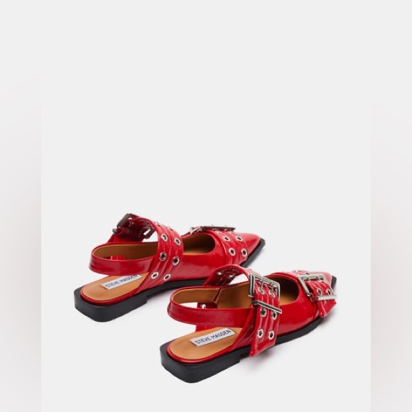 STEVE MADDEN Red & Silver Buckle Patent Leather Ganni Pointed Toe Flat Shoes 8 - Picture 5 of 16